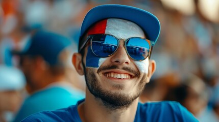 Closeup of a joyful fan with French flag face paint, detailed textures, vibrant colors, sharp focus, blurred crowd in background, bright daylight, high clarity