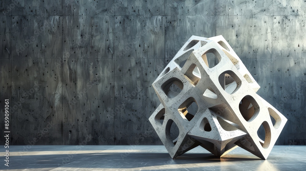 Poster abstract concrete sculpture in minimalist setting - a white concrete sculpture with intricate geomet