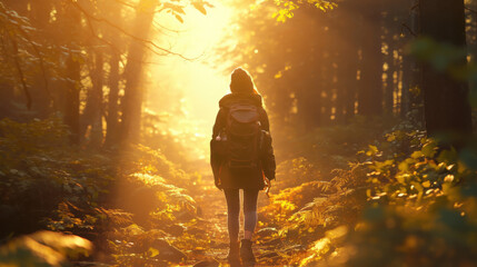 female forest hiker, view from back,in the middle of forest path
