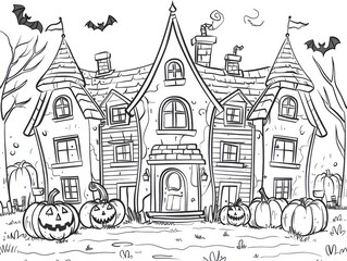 Obraz premium Halloween Coloring Page for Kids: Haunted House and Pumpkin Outline
