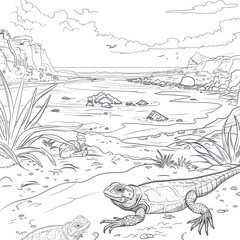 Obraz premium Minimalistic Outline of Reptiles Basking by Scenic Seascapes