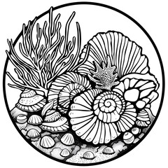 Obraz premium Minimalistic Black Outline of Mollusks in Coral Reefs