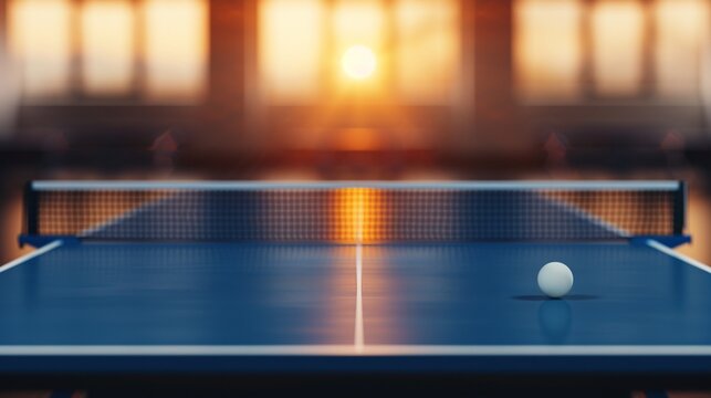 Empty ping pong table in a brightly lit gym, detailed table surface, warm lighting, realistic reflections, high clarity, vibrant blue color