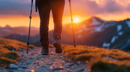 Closeup of a person with prosthetic limbs hiking on a mountain path, glowing sunset light, detailed textures, highdefinition capture, vibrant colors