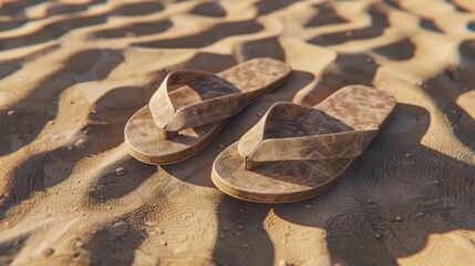 Obraz premium Pair of flip-flops lying on sandy ground with ripples, highlighting the texture of the sand and the footwear
