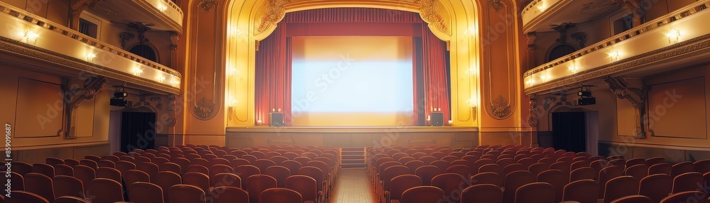 Poster Empty Theatre Seats Awaiting Spectators - An empty theatre with rows of red seats awaits a performance.
