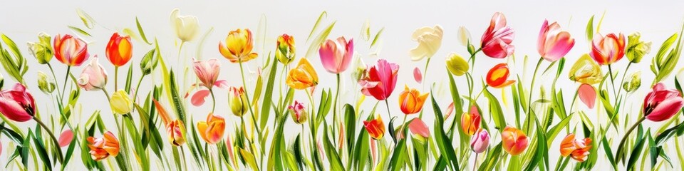 Naklejka premium Tulips On White. Colorful Spring Tulip Field in Bloom on White Background