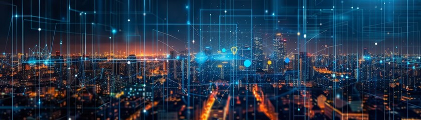 Fototapeta premium Cityscape with Abstract Network Connections at Night - An aerial view of a city skyline at night with abstract network connections overlaid on the image.