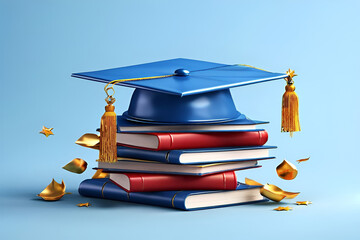 3D Graduation Cap and Diploma on Books, Light Blue Background. 3D Rendering Illustrating Academic Success and the Culmination of Studies.Symbol of Achievement