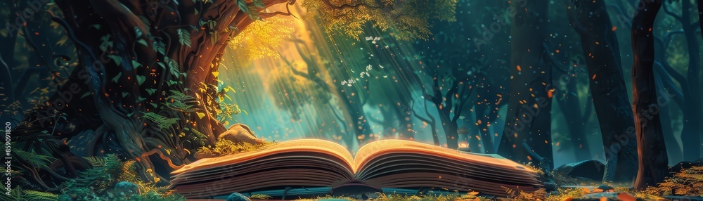 Poster enchanted book in a mystical forest - an open book with glowing pages lies in a mysterious forest fi