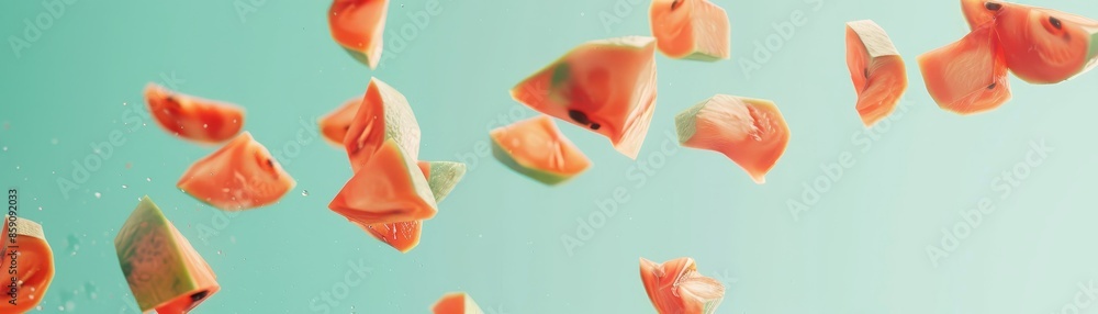 Poster watermelon slices falling on a turquoise background - multiple slices of watermelon are floating in 