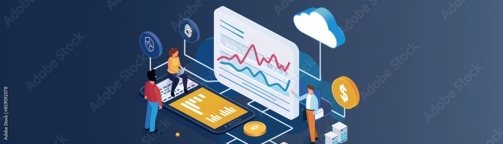 Poster business data analysis: a team collaboration - three businesspeople are shown collaborating on data 