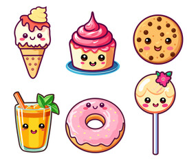 Cute Kawaii food symbols. Set of cute sweet icons in kawaii style with smiling face and pink cheeks for sweet design. Cupcake, ice cream, cookie, lollipop icons