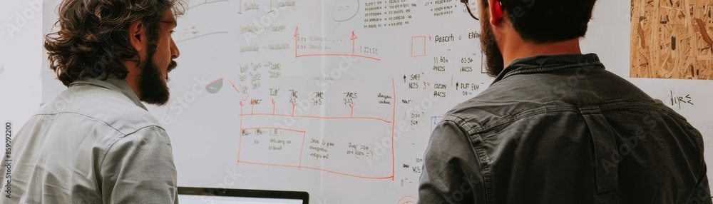 Poster two men analyzing a whiteboard during a brainstorming session - two men stand in front of a whiteboa
