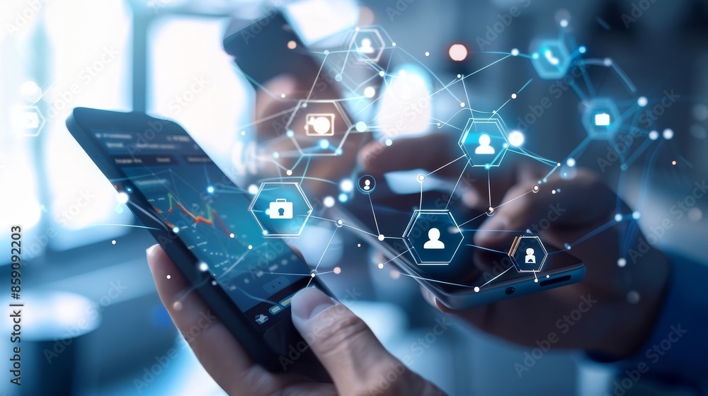 Poster connecting people with mobile devices and a virtual network - two hands are holding smartphones in a