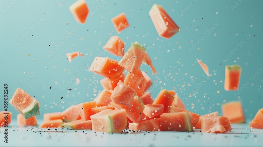 Poster watermelon explosion: a burst of summer freshness - watermelon cubes explode and fall on a turquoise