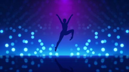 Stylized illustration of a gymnast in red and blue leotard on a beam, glowing light effects, vibrant palette, clean lines, detailed textures, white background