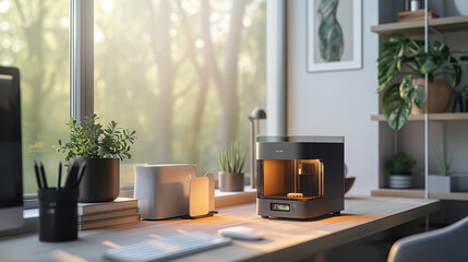 Modern 3D printer on a desk in a home office. The printer is on and printing objects.