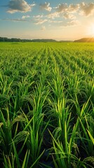 Obraz premium field, sky, grass, green, landscape, meadow, nature, Wide fields, lush green rice seedlings swaying gently in the breeze, under the warm midday sun of a fine summer day