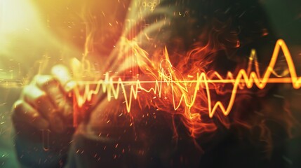 Graphic of a heartbeat waveform overlaid on a patient's photo.