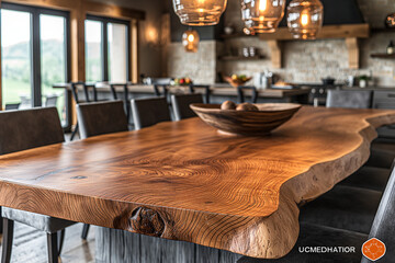 Empty oak wooden table in cafe.  AI generation.