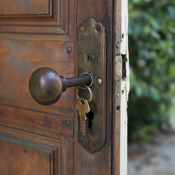 A vintage door handle with a key in the lock, an open doorway leading to a green, blurred background.
