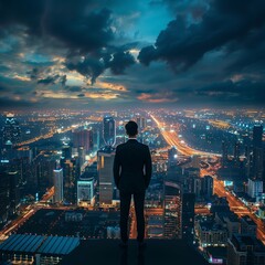 Business aspirations touching sky businessman gaze on cityscape high. Silhouettes of success dreams in urban lights future promise in professional. In heart of city ambitions fly leader stands goals