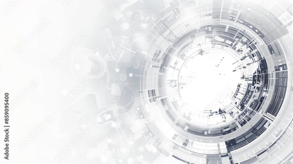 Poster abstract technology background in gray and white colors, with many technological elements that symbo