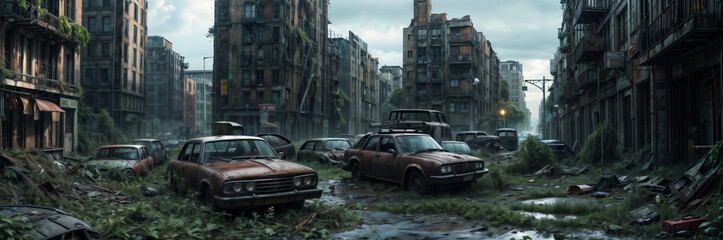 post-apocalyptic city scene with dilapidated buildings, cars, and a sky that looks like it has been overrun by zombies.