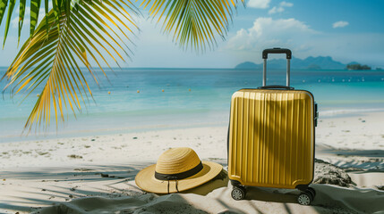 Tranquil Summer Getaway -  Suitcase on Tropical Beach with Straw Hat, Copy Space for Vacation Text.
