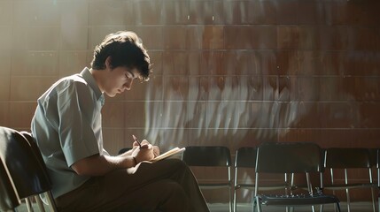 A high school or university student in a uniform, sitting in a lecture chair and writing on a paper answer sheet during a final exam in an examination room or classroom, with copy space image.