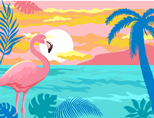 Summer holidays banner with flamingos against the background of the sea and the leaves of a palm tree. Beautiful pink flamingo bird standing in sea water on color