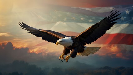 Naklejka premium Majestic Bald Eagle with American Flag Background Symbolizing Freedom and Pride - Celebrate 4th of July