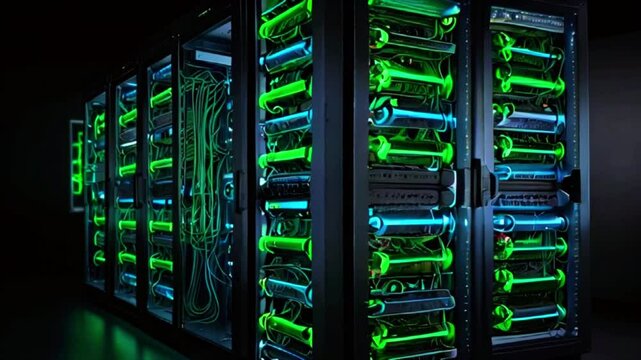 A dark room filled with rows of tall, black server racks with bright green lights.