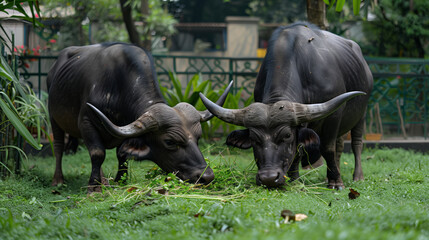 Indian water buffaloes eating grass in yard