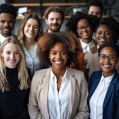 Fototapeta premium Image of diverse group of professional businesspeople smiling confidently in formal attire representing teamwork and inclusivity