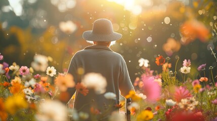 An old woman wearing a hat and walking with a walker was walking in the garden. There are many flowers of different colors in the background, creating an atmosphere full of life