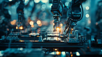 Fototapeta premium Robotic arms assembling electronic components in a high-tech factory