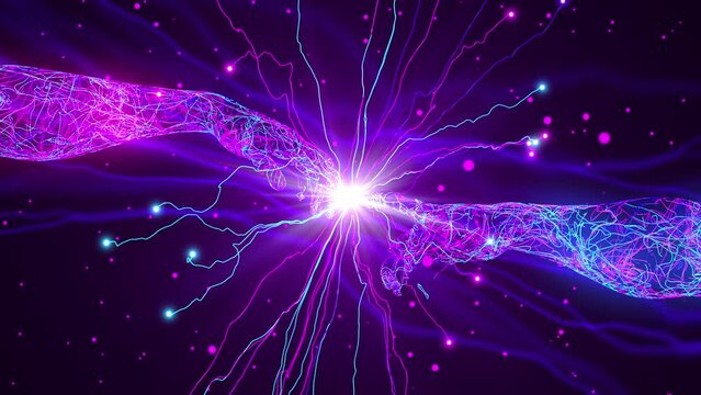 The touch of two hands made of colored wires. 3d animation. 4k.