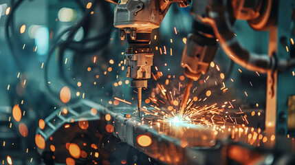Fototapeta premium Robotic arms welding car parts in an automobile factory, with sparks flying and machines in motion