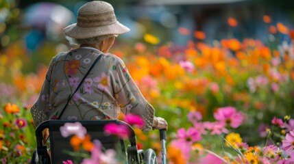 Obraz premium An old woman wearing a hat and walking with a walker was walking in the garden. There are many flowers of different colors in the background, creating an atmosphere full of life