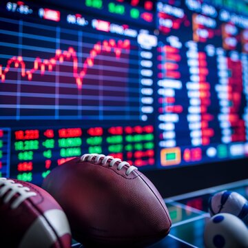 Stock market investment and sports betting concept with charts and graphs showing wins, losses, and odds with equipment