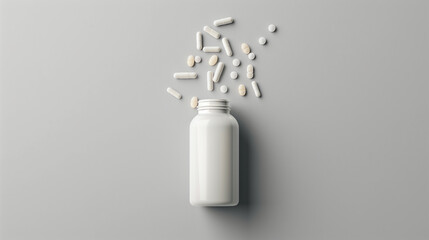 White supplement bottle, capsules coming out of bottle