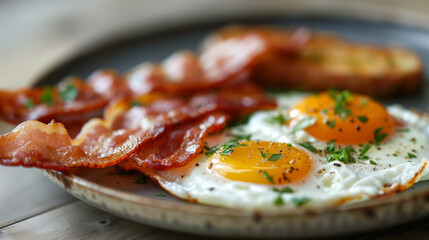 Delicious Eggs and Bacon on Plate in Real Life Setting on Sunny Afternoon