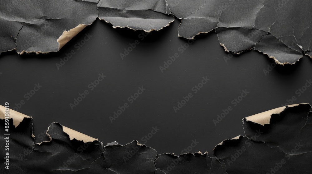 Poster dark torn paper background for banner with empty ripped cardboard isolated on black with copy space