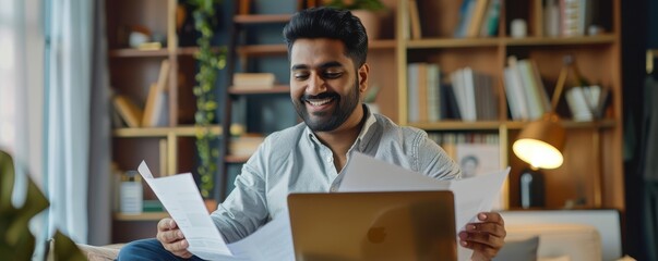 Young Indian man smiling and working in an office with documents and a laptop, set in a well-lit room with a cozy atmosphere. Suitable for business, education, and professional themes. 