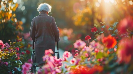 An old woman wearing a hat and walking with a walker was walking in the garden. There are many flowers of different colors in the background, creating an atmosphere full of life
