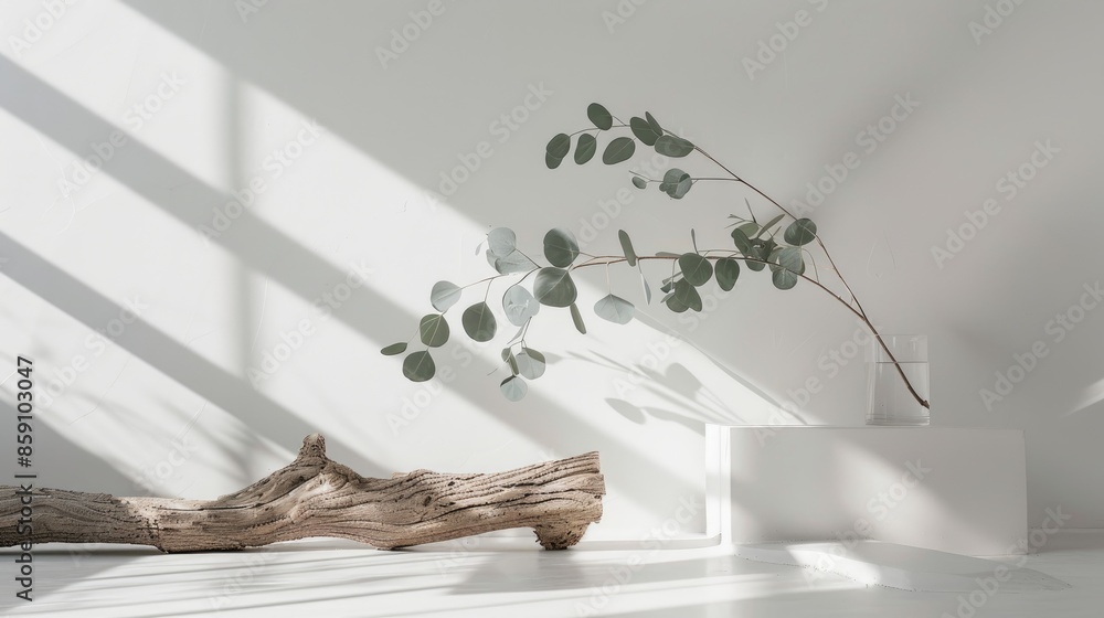 Poster simple display for showcasing products minimalist setup with fallen tree and eucalyptus branch casti