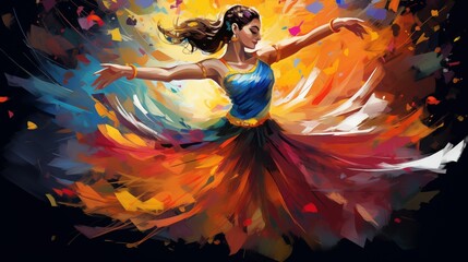 Abstract illustration of the Bharatanatyam dance in an explosion of colorful paint on a black background