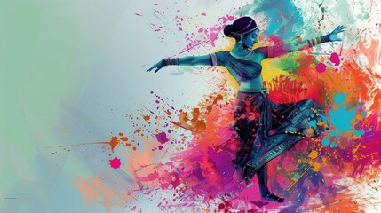 Abstract illustration of the Bharatanatyam dance in an explosion of colorful paint on a colorful background